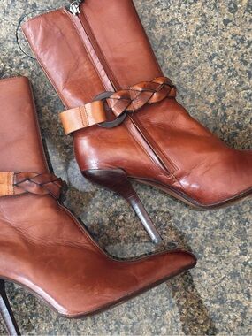 NWOB BlayConcept Spain Cognac Leather Pointed Toe Stiletto Ankle Boots EU 39.5